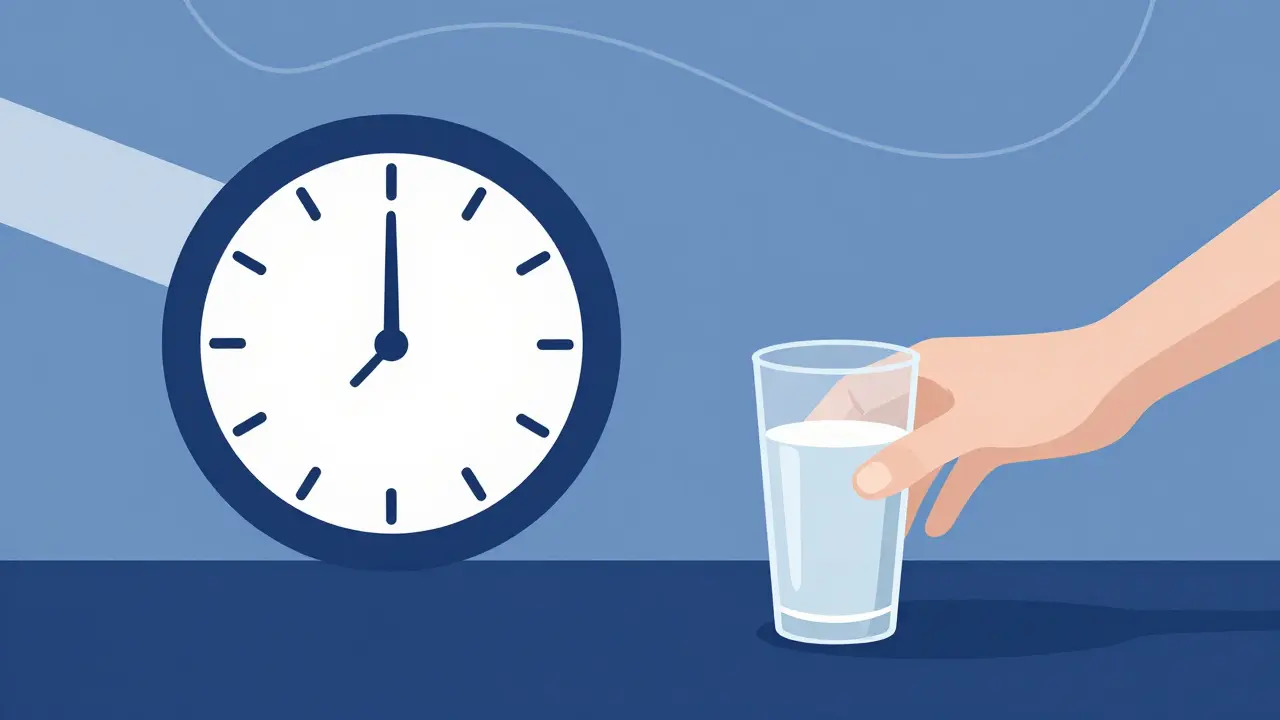 Osoba odkládá alkohol a bere vodu s hodinami