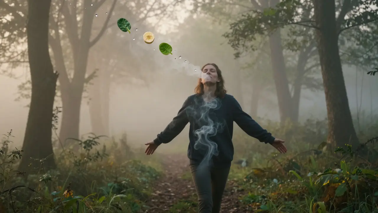 Osoba procházející mlhavým lesem, kde toxiny odcházejí do vzduchu.