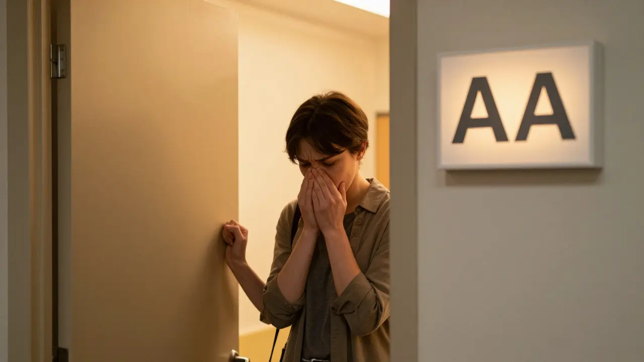 Osoba stojí před dveřmi skupiny podpory, zaváhá, zářivé světlo zevnitř.