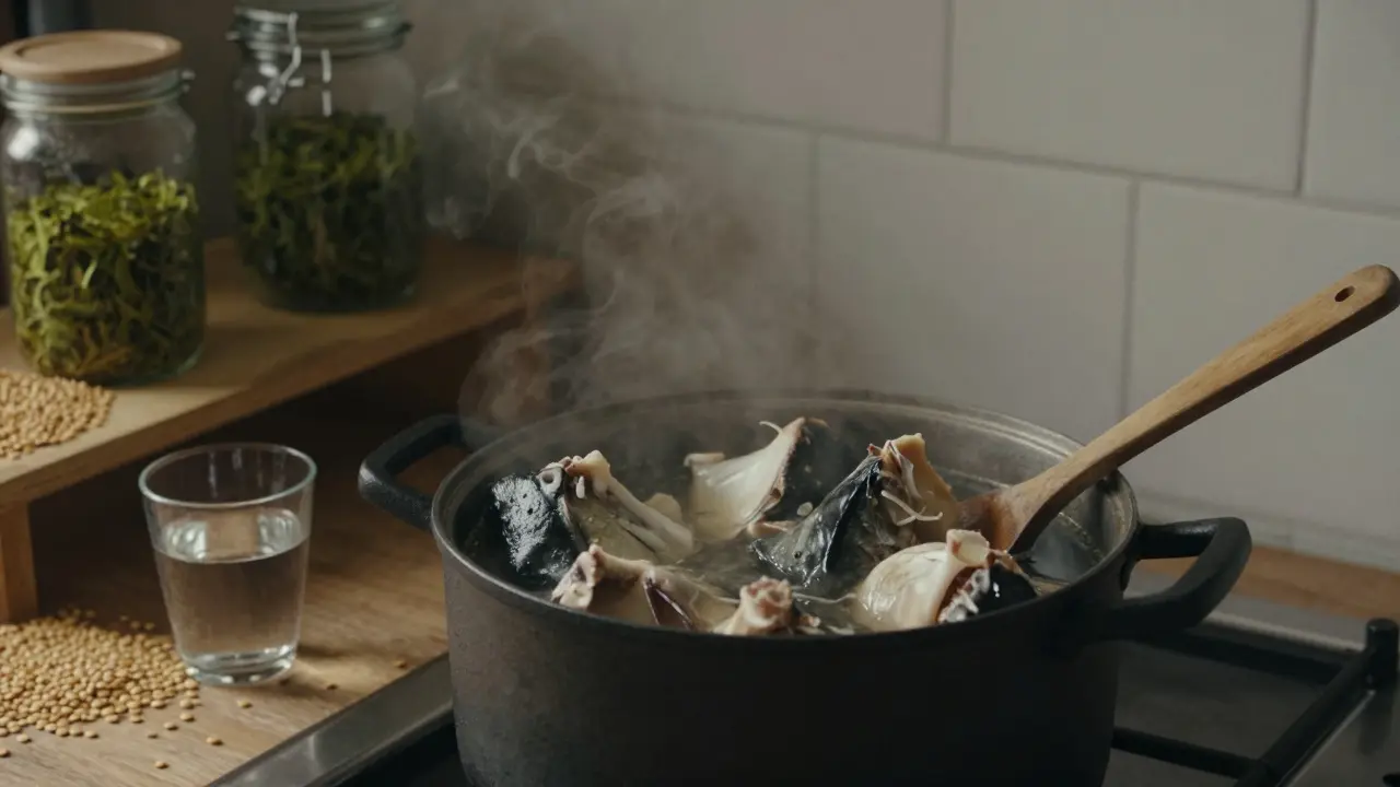 Páření rybích kostí v hrnci na kuchyňské sporáku s čajem a čočkou na pozadí.