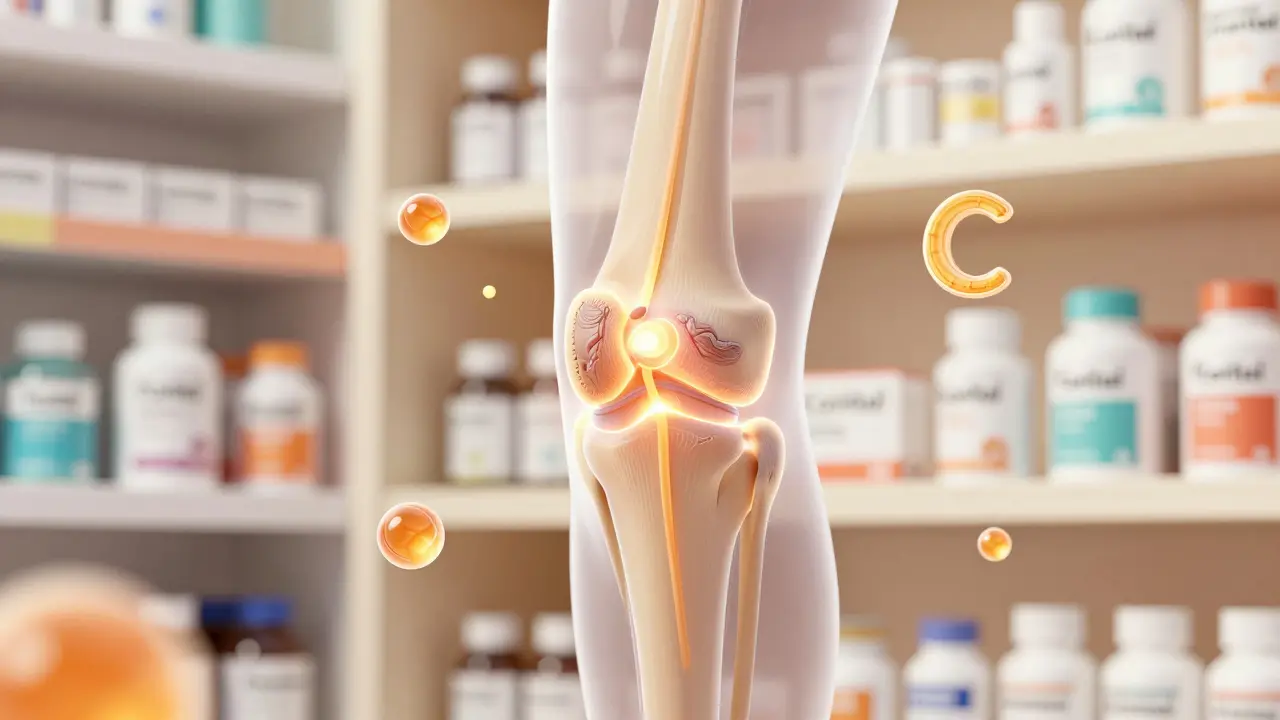 Průřez kolenního kloubu s obnovou chrupavky, kolagen a vitamín C