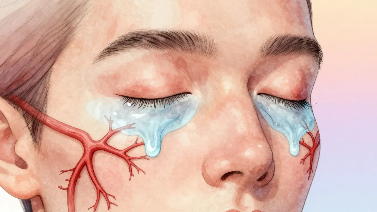 Průřez kůže ukazující zúžení krevních cév a odtok lymfy pod očima.