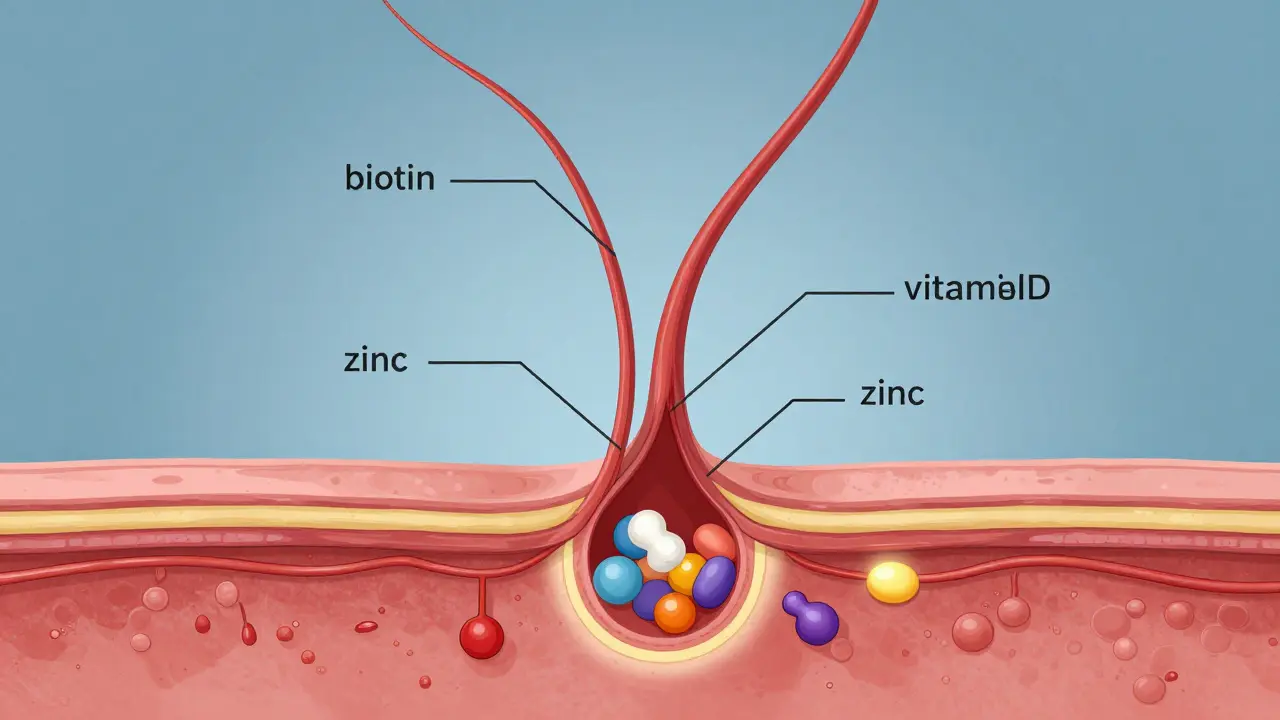Průřez vlasovým folikulem s přiváděnými živinami: železo, biotin, vitamin D, zinek a bílkoviny.