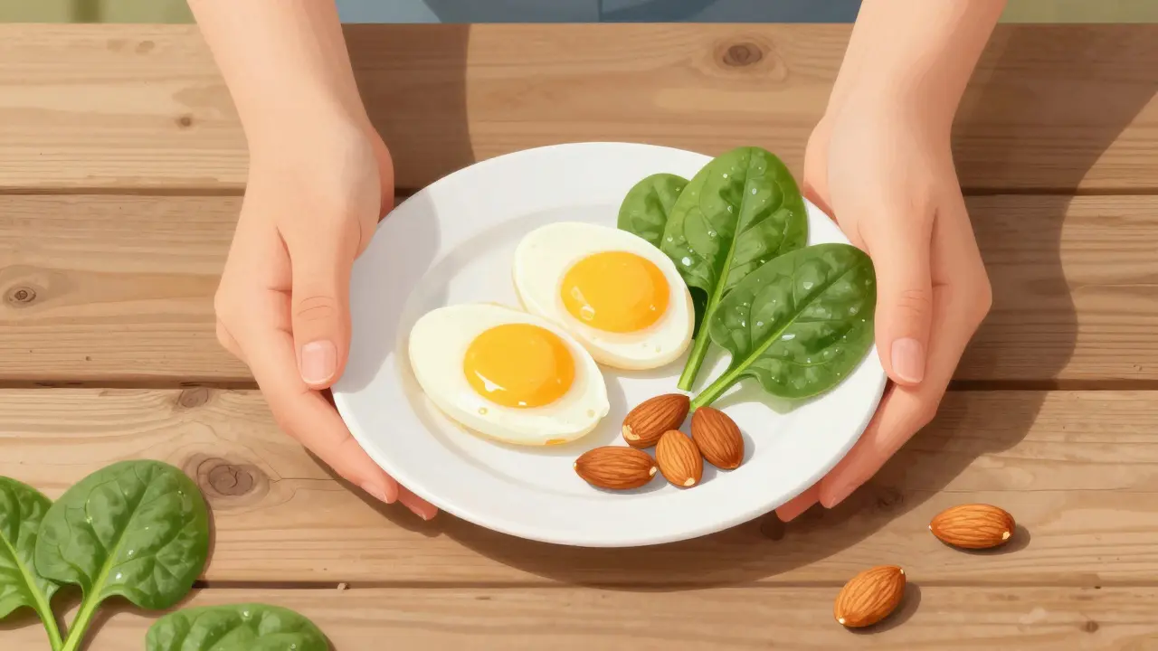 Ruce drží vejce, ořechy a špenát pro zdravé nehty