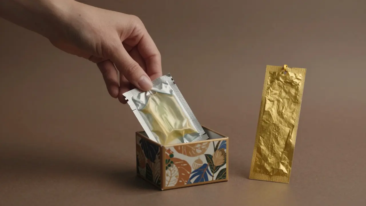 Ručně vytvořený ozdobný štítek z laminované fólie od koupelového oleje.