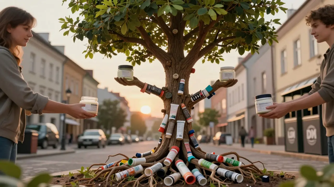 Strom s kořeny z recyklovaných plastových obalů, lidé předávají obaly do sběrného boxu.