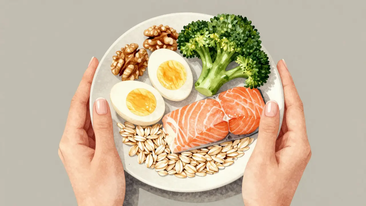 Talíř s potravinami bohatými na biotin a zinek vedle silných přirozených nehtů.