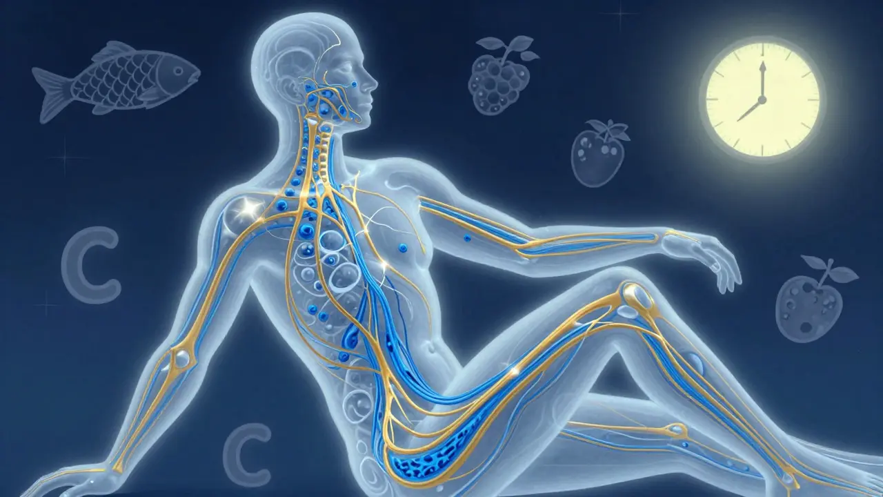 Translucentní lidské tělo s jasnémi kolagenovými vlákny proudícími k pleti, kloubům a vlasům, symbolizující regeneraci během spánku.