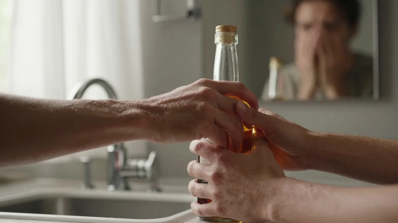 Třesoucí se ruce před láhví alkoholu na kuchyňském stole, ráno, světlo z okna.