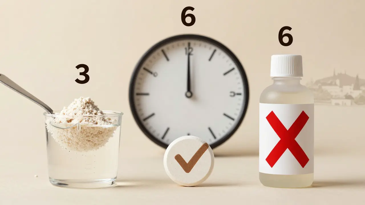 Tři formy kolagenového doplňku: prášek, tableta, kapky s časovým rámce