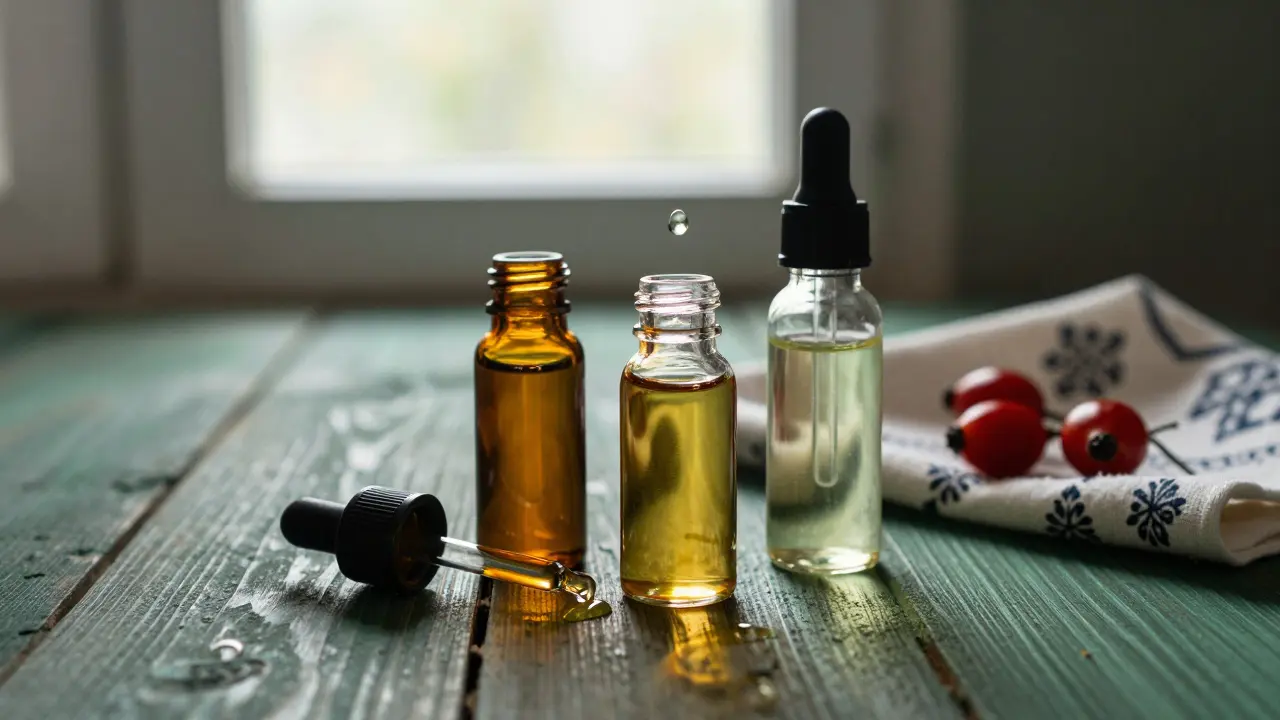 Tři skleněné láhve s přírodními oleji na dřevěném stole s kapekou oleje ve vzduchu.