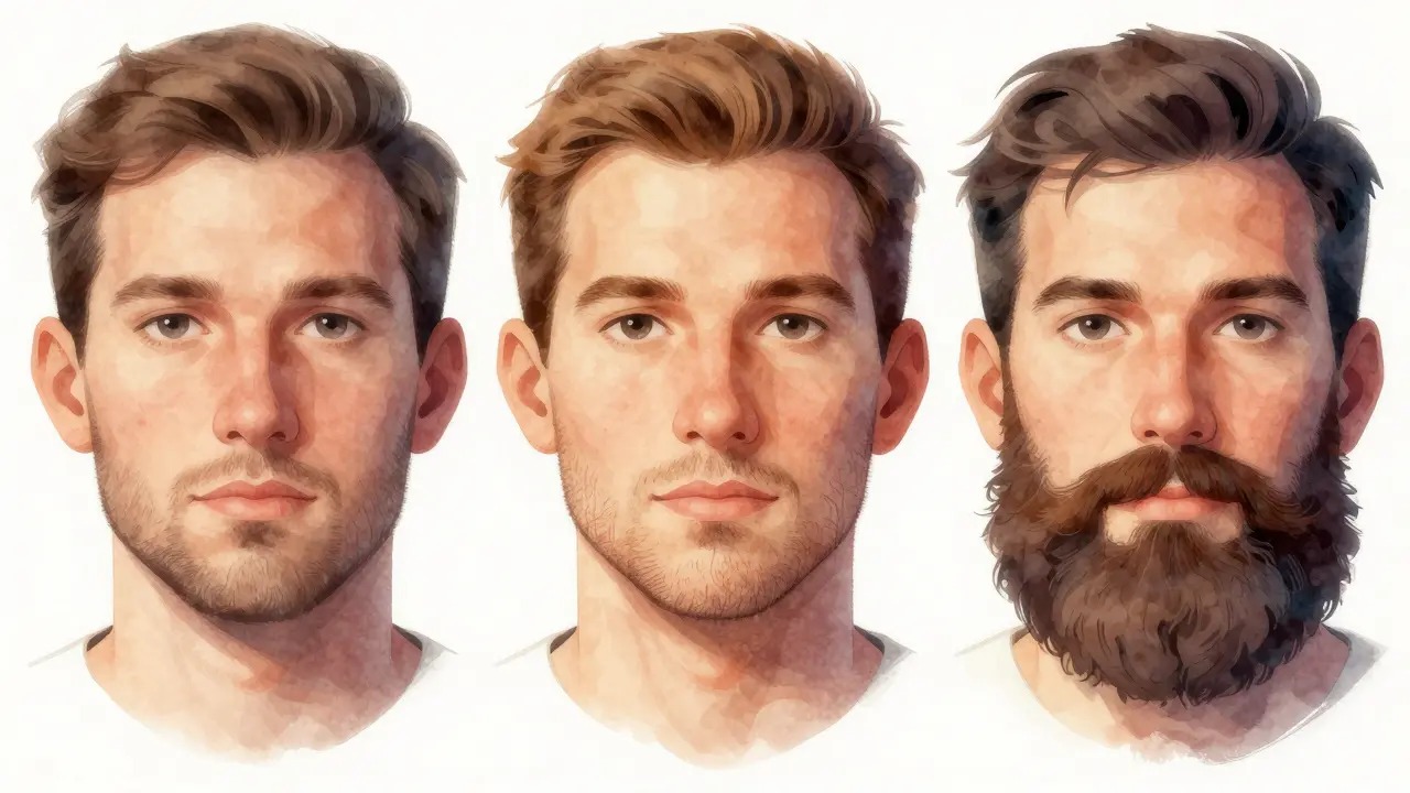 Tři stadia růstu vousů: hladká pleť, jemný stín a plný vous, zobrazené v triptychu.