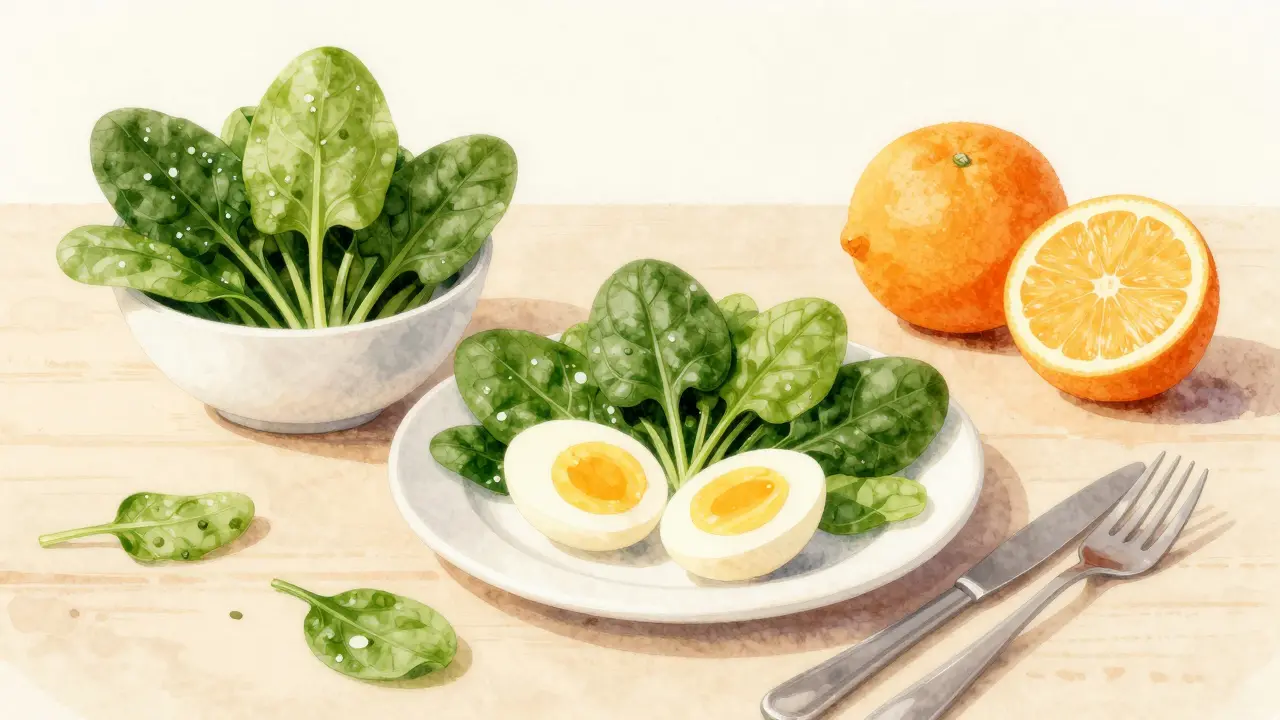 Umělecká ilustrace špenátu, vajec a citrusů na stolku