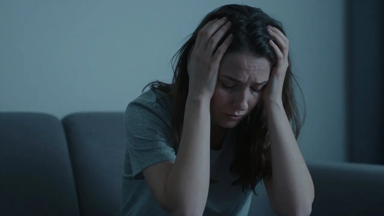 Unavená žena držící hlavu na gauči