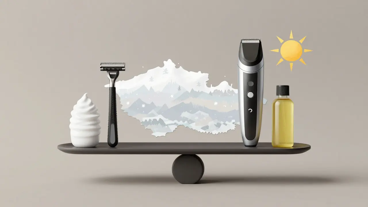 Váha mezi denním holením a udržováním vousů, s přírodními prvky ovlivňujícími růst.