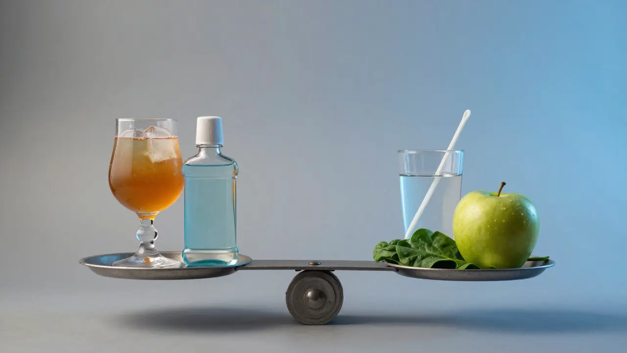Váha s alkoholovým nápojem na jedné straně a vodou, jazykovou kartičkou a zeleninou na druhé.