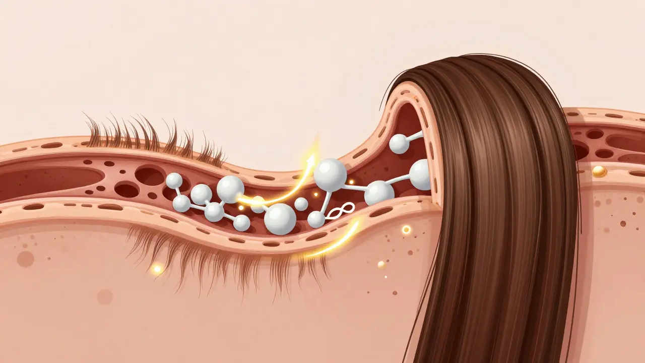 Vnitřní struktura poškozeného a obnoveného vlasu s vyznačenými látkami jako keratin a hyaluronová kyselina.