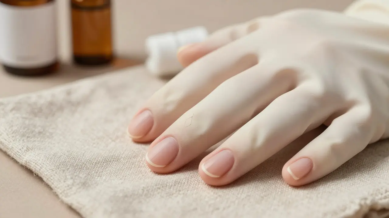 Zdravé přirozené nehty v mírně oválném tvaru na bavlněném kusu látky.