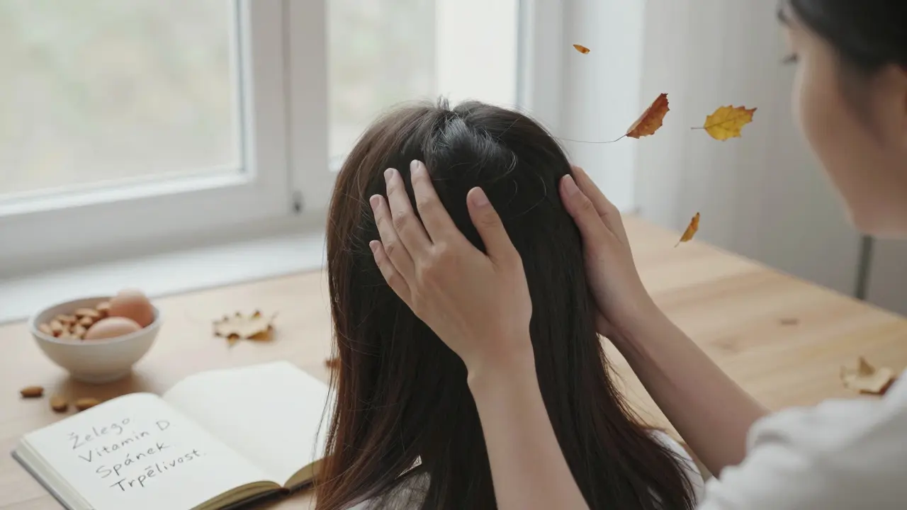 Žena hladí kůži hlavy, kolem ní pomalu padají vlasy, na stole vejce a mandle.