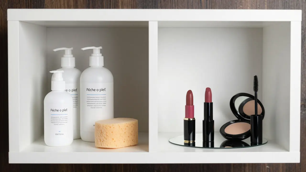 Bílá polička s produkty pro péči a dekorativní kosmetiku v minimalistickém stylu.