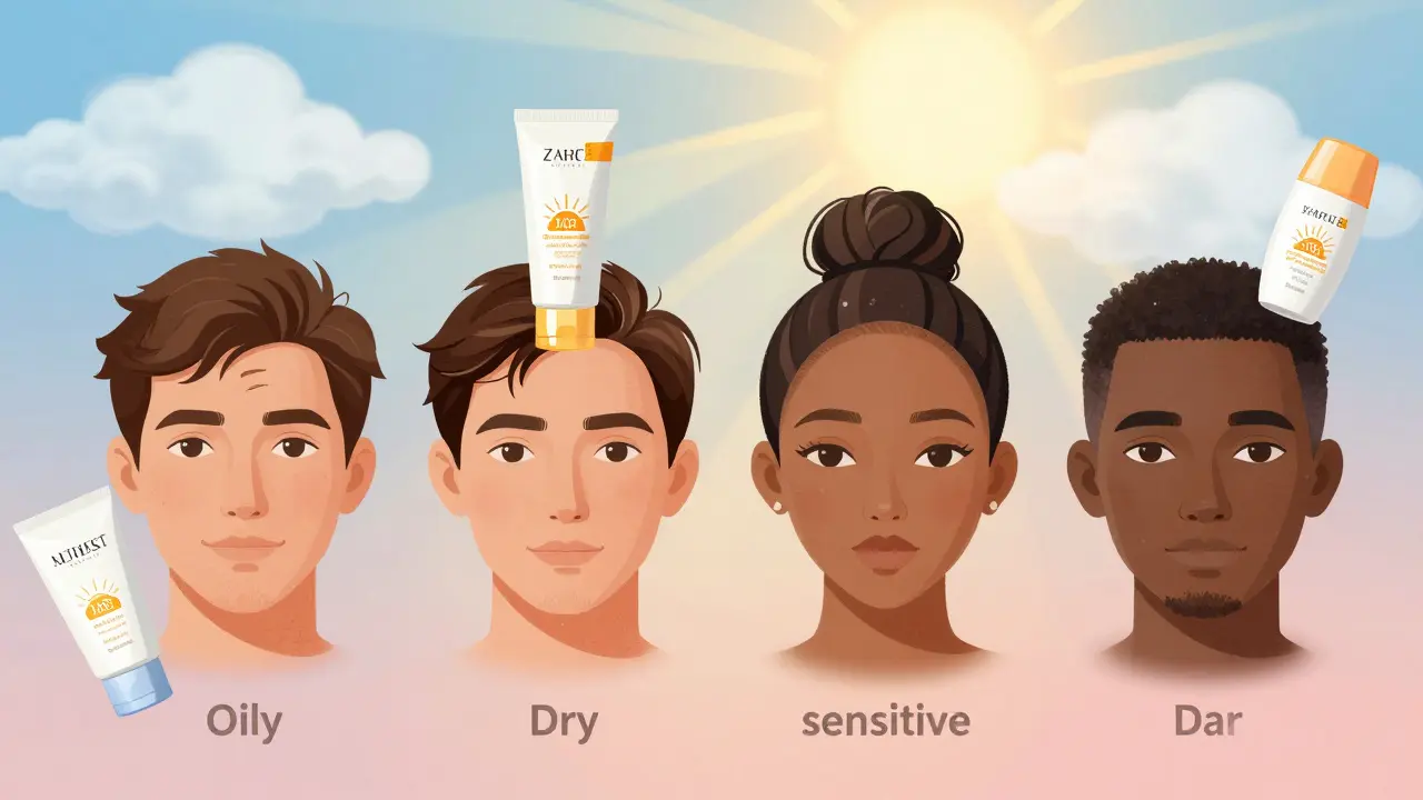 Čtyři typy pleti s příslušnými slunečními krémy, symbolizující individuální ochranu.