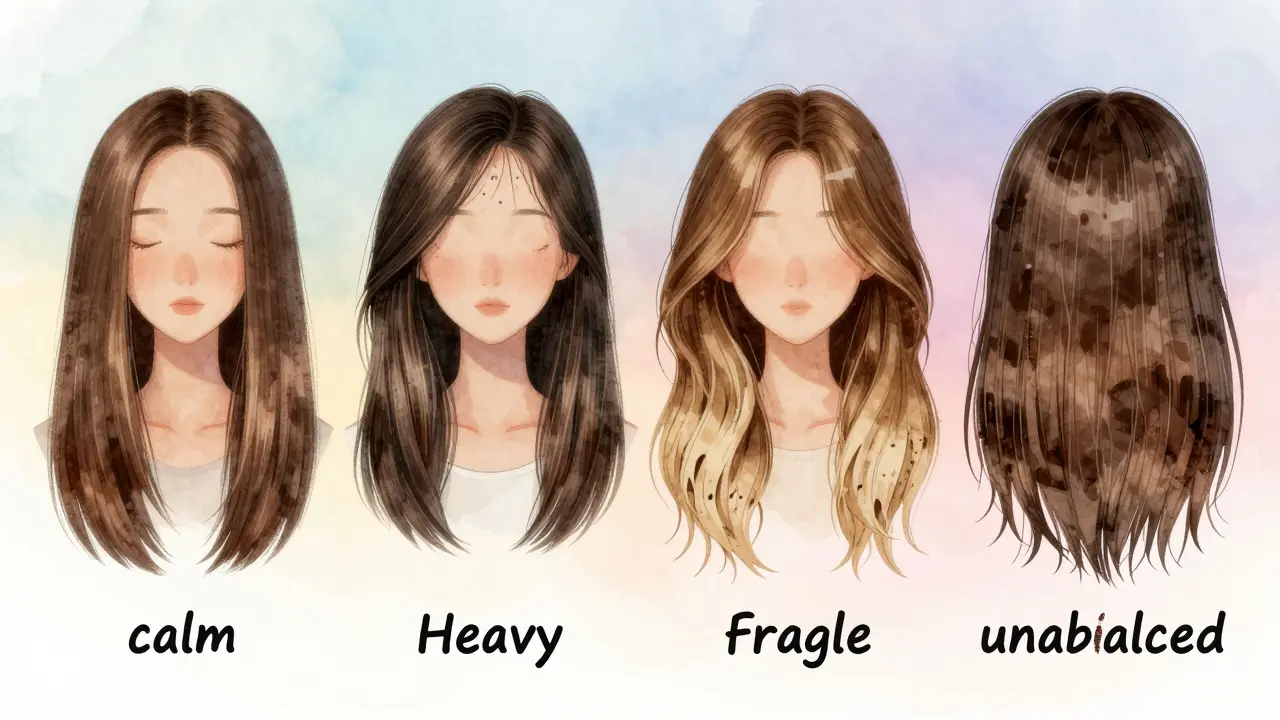 Čtyři typy vlasů: normální, mastné, suché a kombinované, znázorněné barevnými texturami.