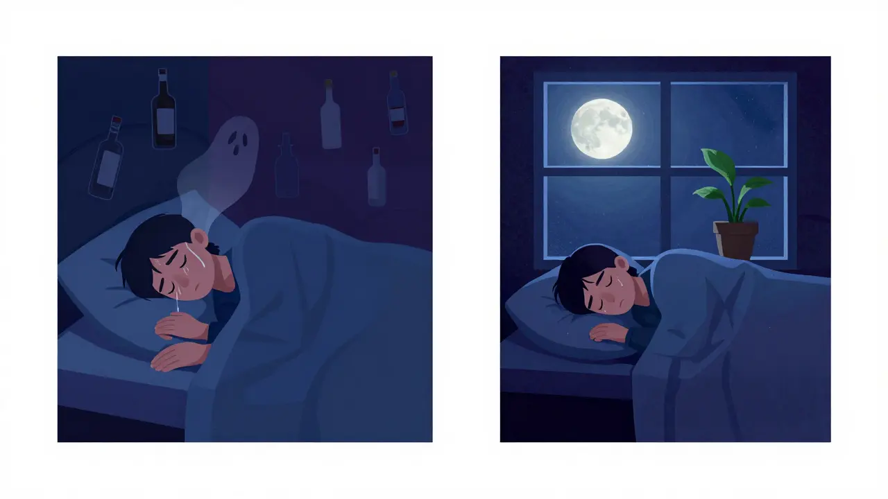 Dvě strany jedné scény: vlevo osoba nemůže usnout, vpravo klidně spí pod měsíčním světlem.