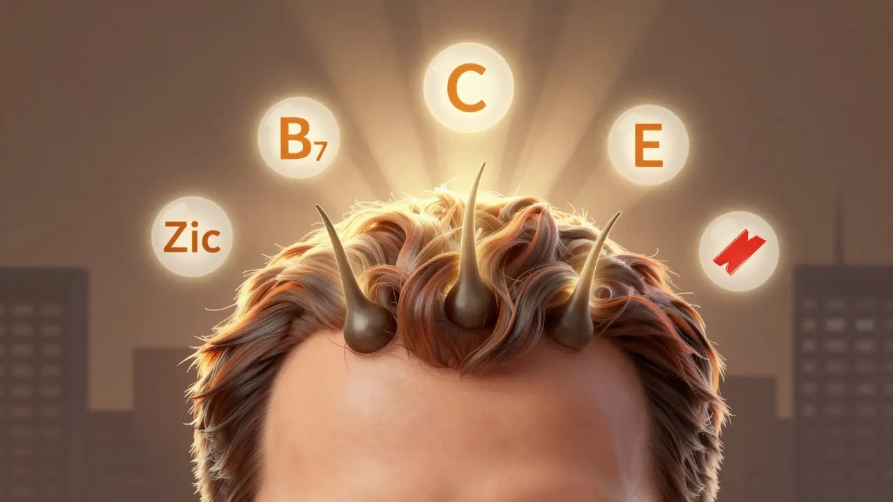 Grafický výřez pokožky hlavy s osvětlenými vlasovými folikuly a plavajícími vitamíny B7, C, D, E, zinkem a železem.