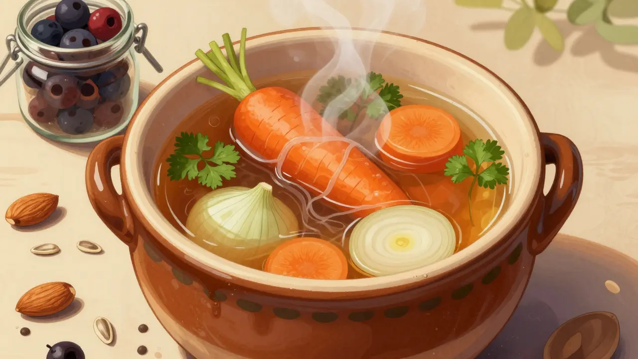 Klasický český vývar z kostí s mrkví, cibulí a petrželí v hrnci