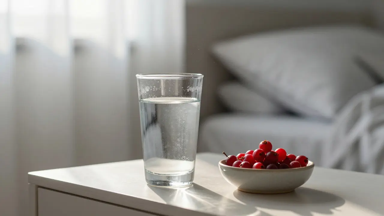 Klidný ústrojí na lůžku se sklenicí vody a bobulemi při ranním probuzení.