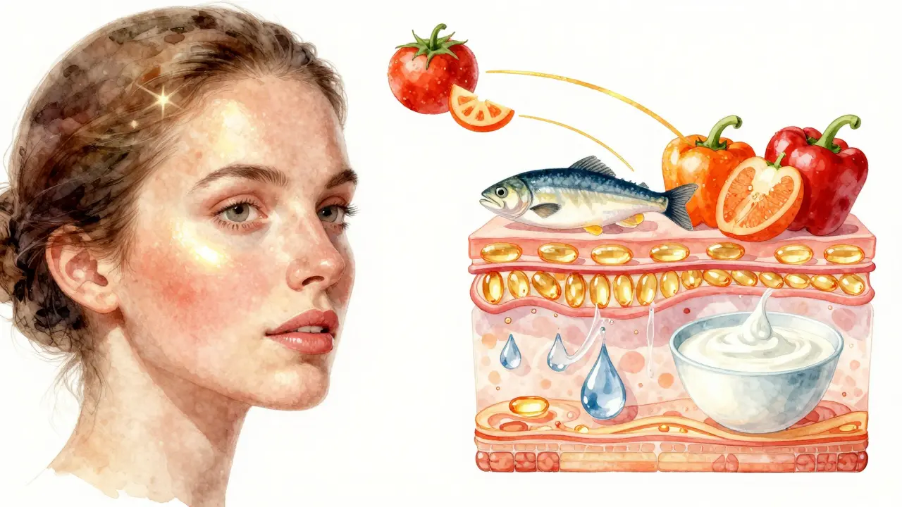 Kombinace vnitřní a vnější péče o pleť: potraviny a voda spojené s lesklou pokožkou.