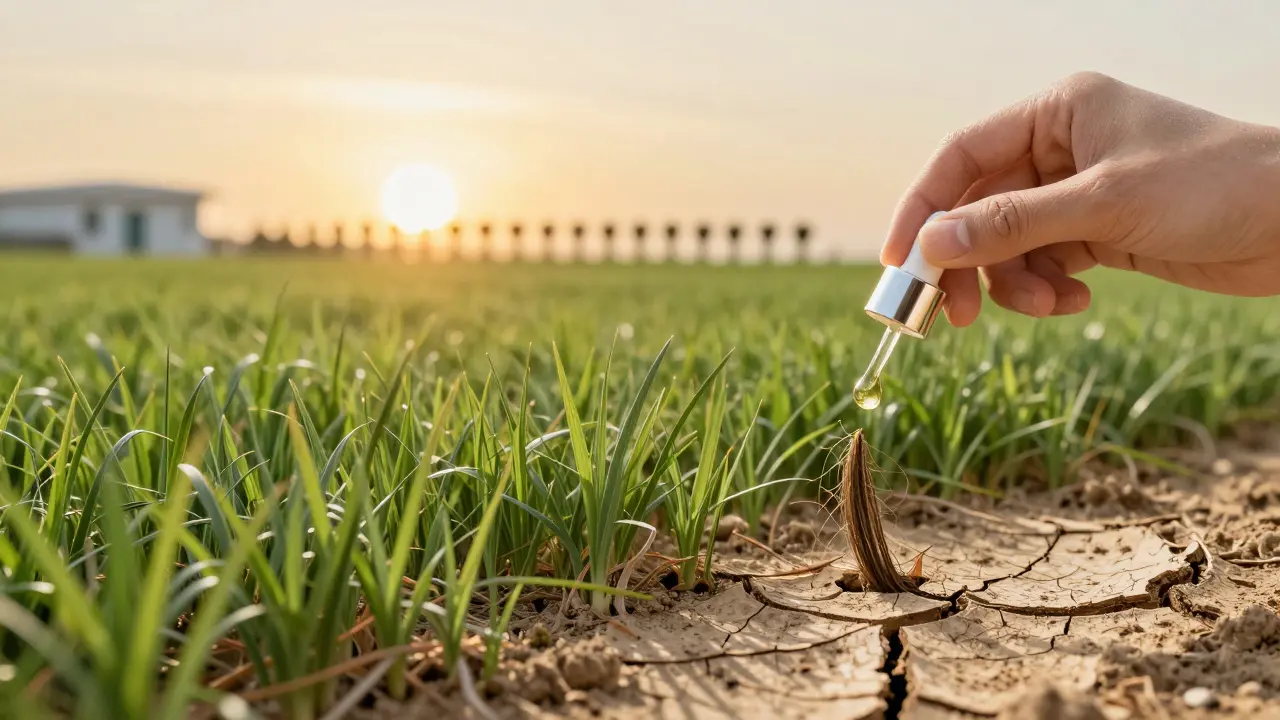 Kůže hlavy jako krajina: zdravé folikuly jako tráva, poškozené oblasti jako suchá země s olejem na koncích.