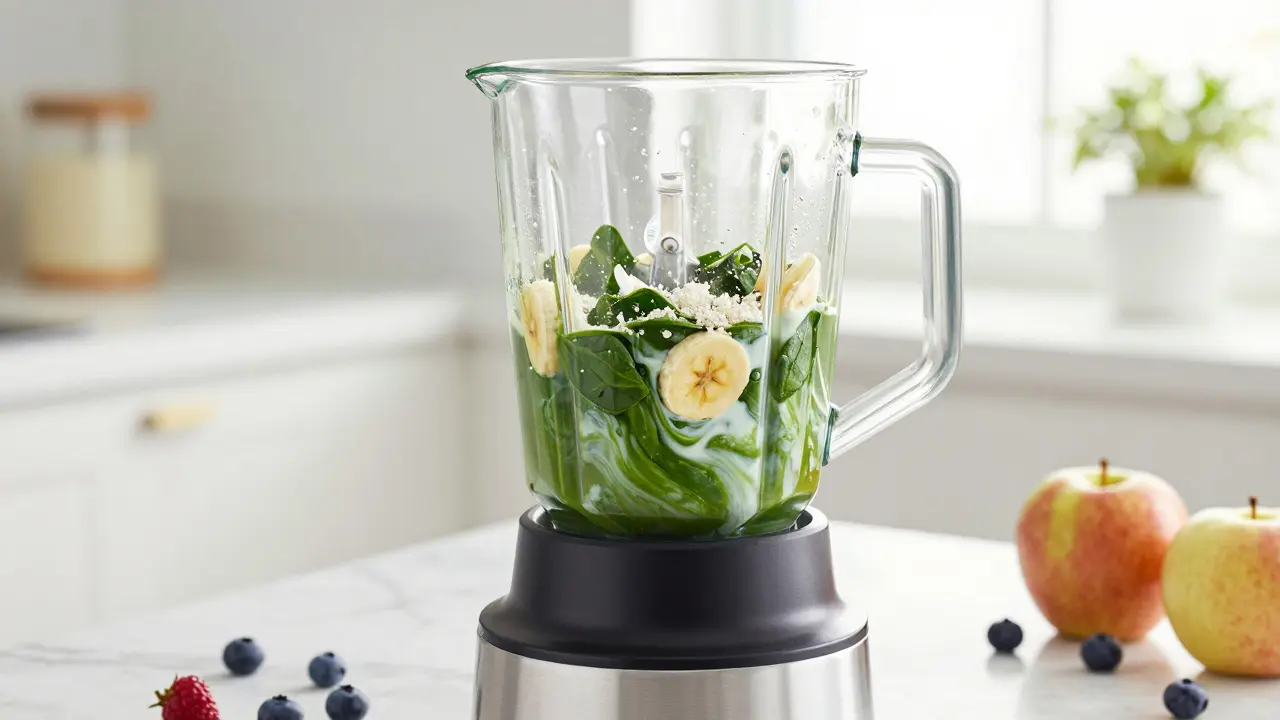 Mixér připravuje barevný smoothie s ovocem a práškem, zdravá kuchyňská scéna.