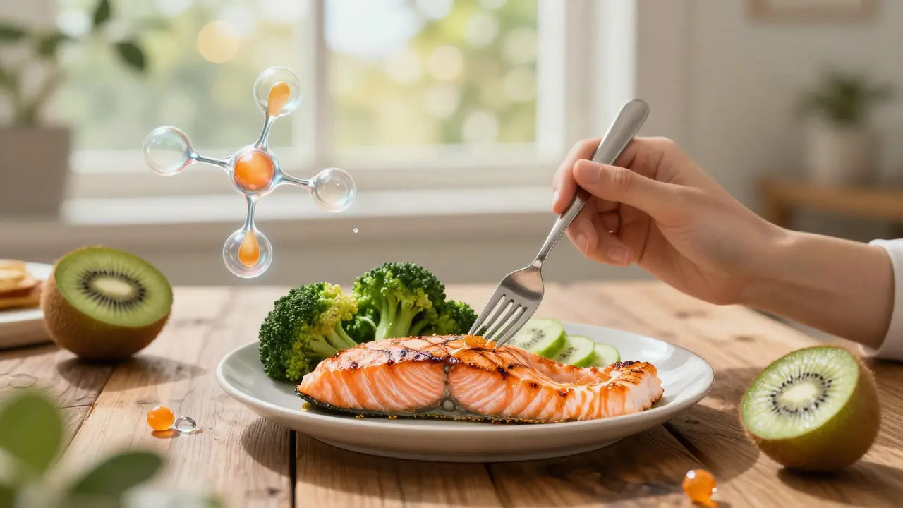 Osoba konzumující lososa, brokolici a kiwi s jemně zářícími molekulami kolagenových peptidů.