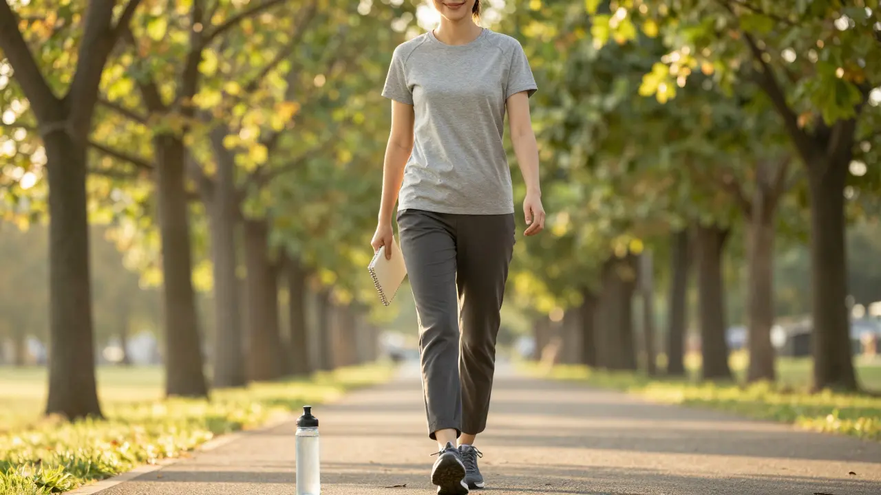 Osoba se klidně prochází v zlatém světle večera, v ruce má poznámkový blok a láhev s vodou.
