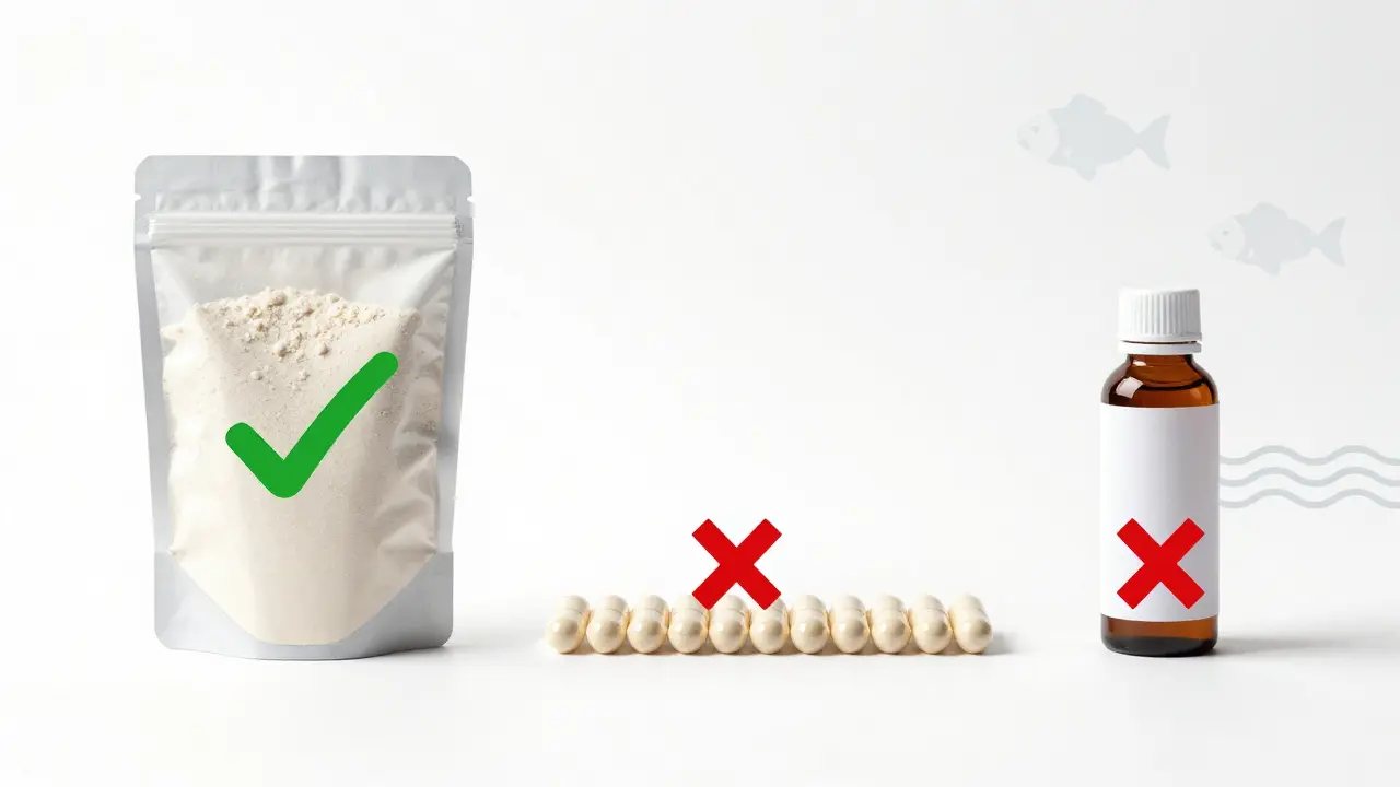 Porovnání tří forem rybího kolagenu: prášek, kapsle a tekutina s hodnotícími značkami