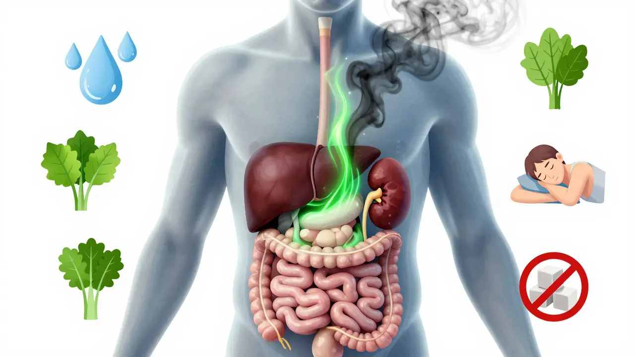 Průhledný lidský organismus s čistícími orgány, které odstraňují toxiny pod světlým zářením.