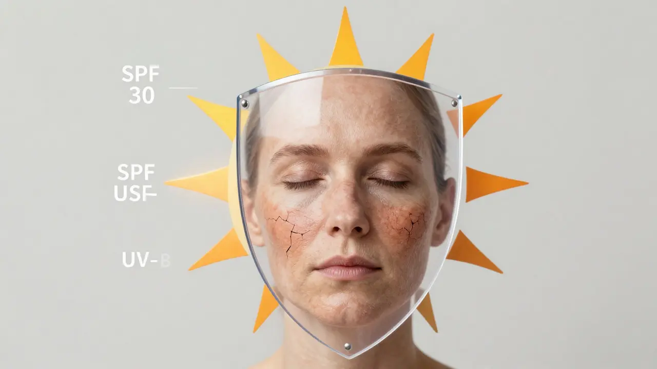 Průhledný štít blokuje UV paprsky na obličejí, zatímco poškozená kůže ukazuje důsledky nechráněné expozice.