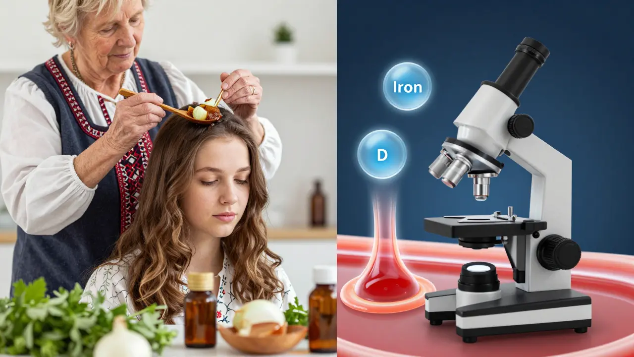 Rozdělený obraz: babička aplikuje cibulovou šťávu a vedle mikroskopický pohled na krevní oběh ve vlasovém folikulu.