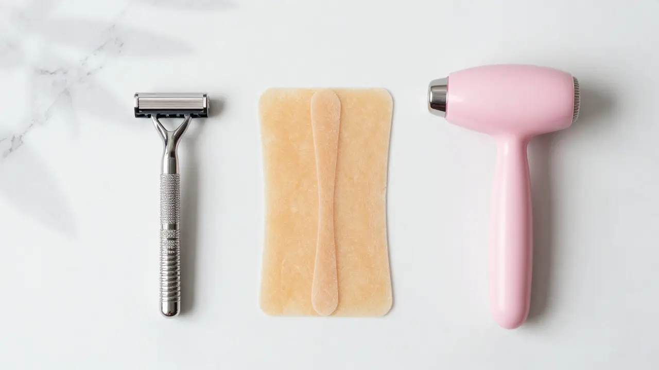 Rozestavení holicího strojku, voskových proužků a péče o pleť.