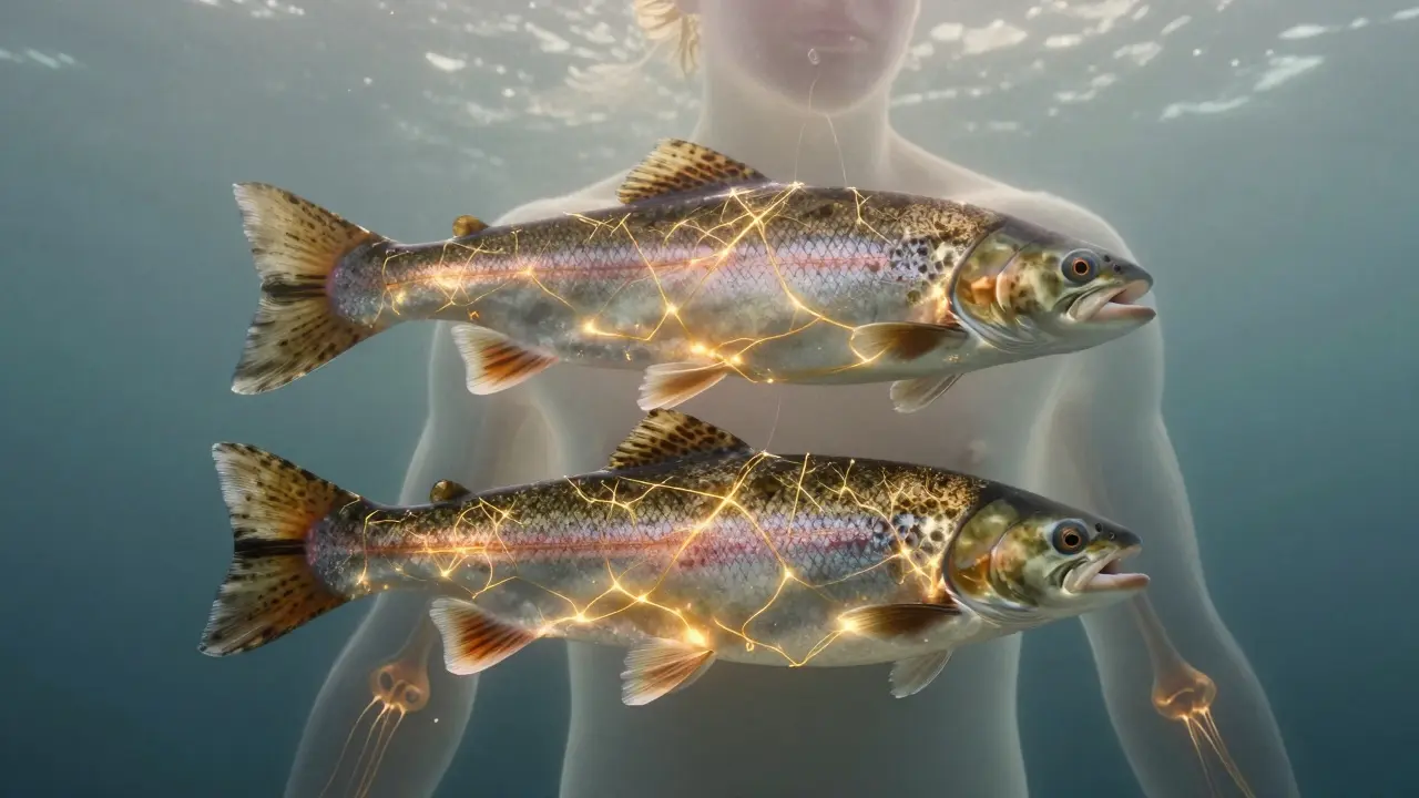 Ryby s zlatými kolagenovými vlákny spojujícími jejich šupiny s kůží, vlasy a klouby