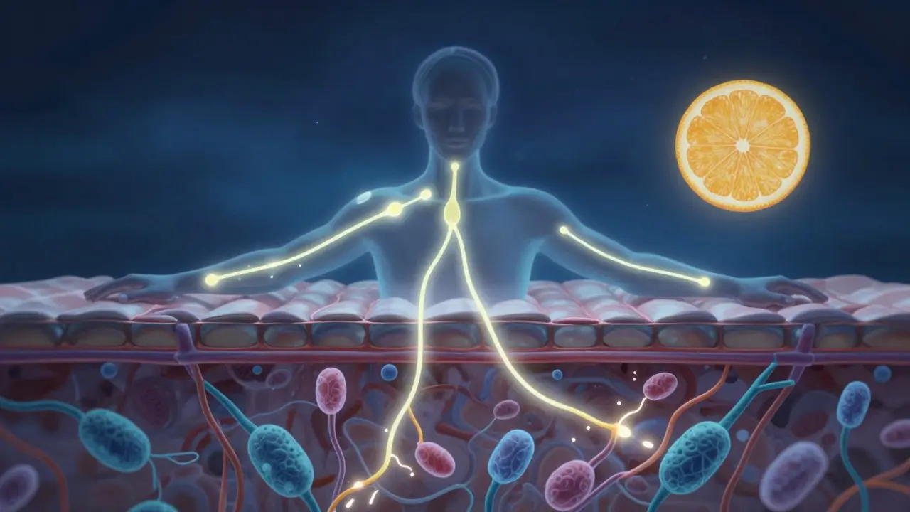 Tělo v nočním režimu regenerace s cestou kolagenu k pokožce a kloubům.