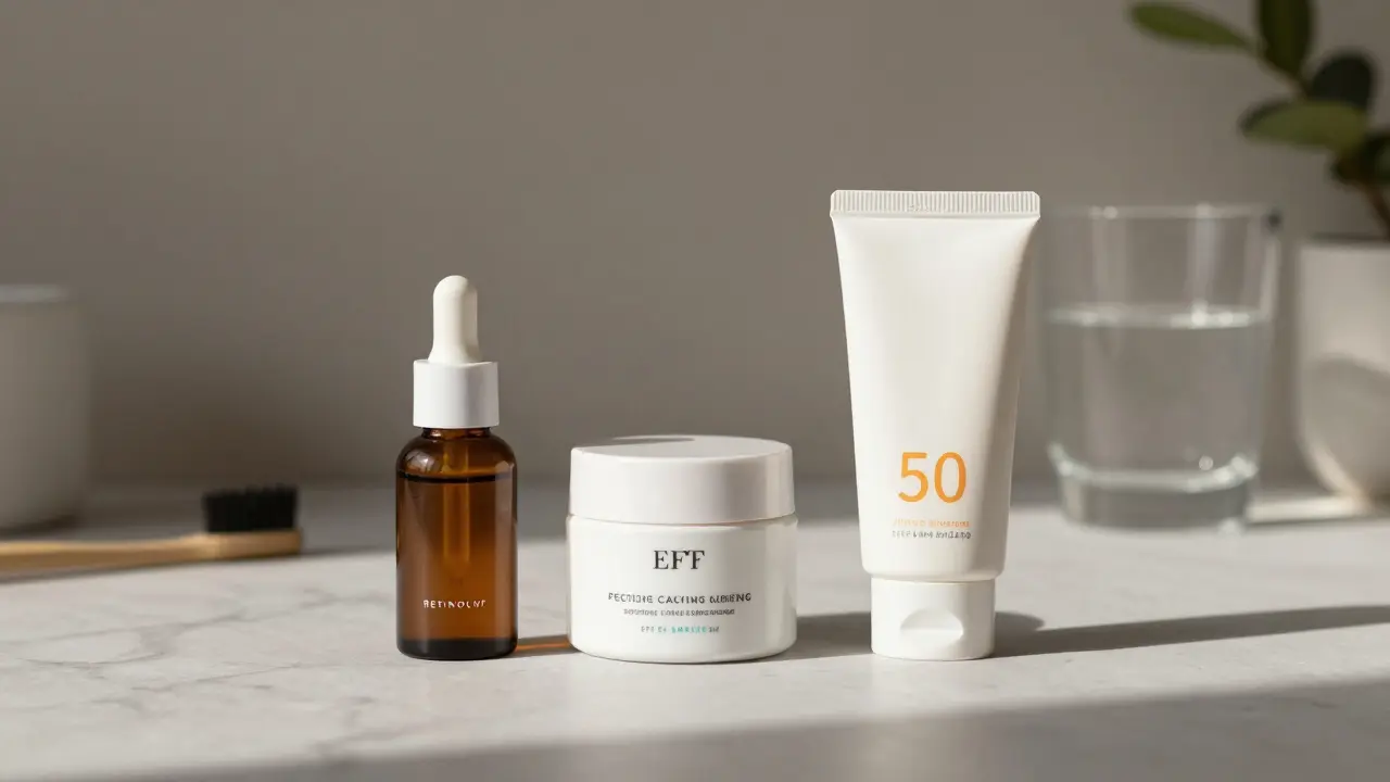 Tři kosmetické produkty — sérum, liftingový krém a krém se SPF — na kámen, osvětlené přírodním světlem.