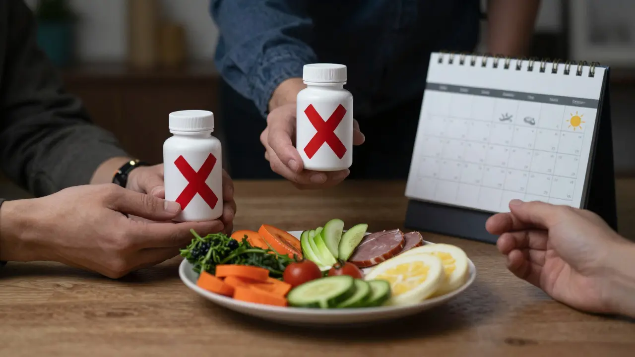 Tři ruky ukazují na různé možnosti řešení nedostatku vitamínů: tabletky, jídlo a životní styl.