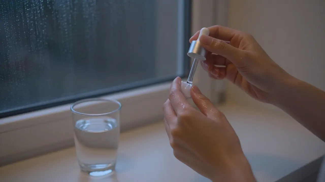 Večerní péče o pleť s hydratačním krémem aplikovaným po séru.