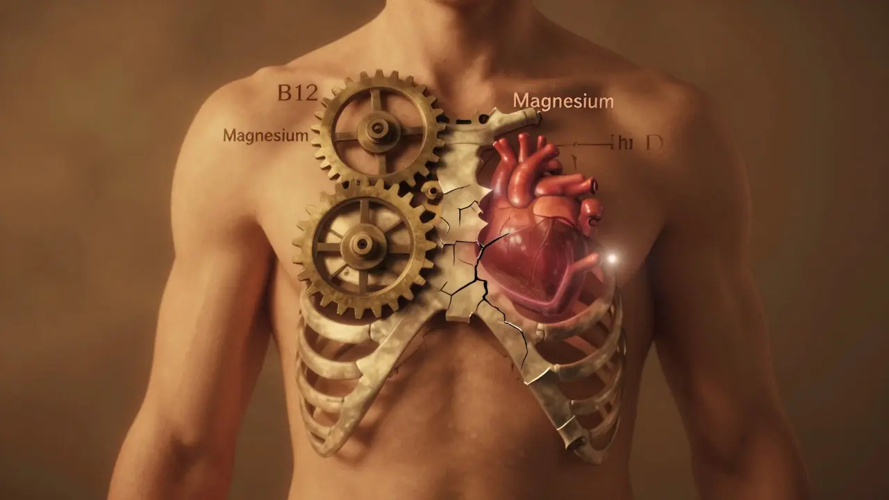 Vnitřní mechanika těla s chybějícím ozubeným kolem, které způsobuje poškození kostí.
