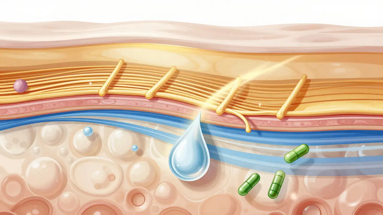 Vnitřní působení liftingového krému: peptidy stimulují kolagen, hyaluronová kyselina přitahuje vodu a antioxidanty bojují proti volným radikálům.