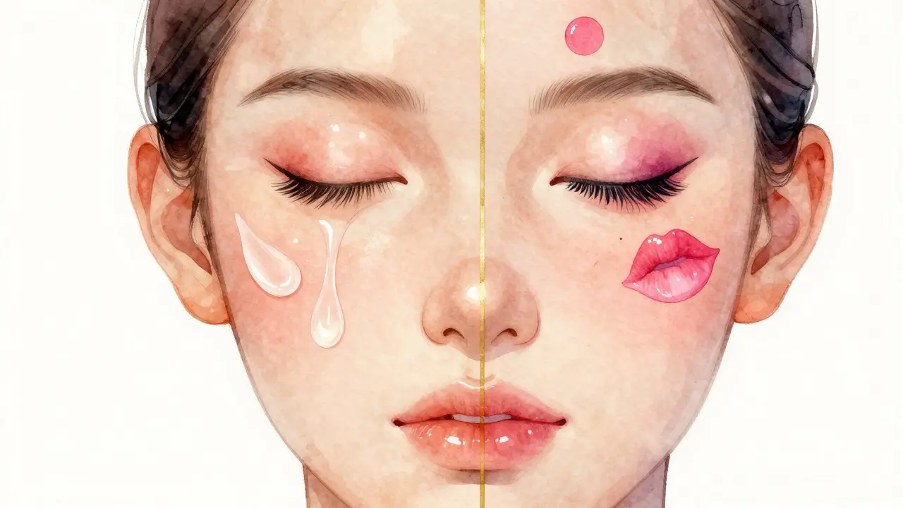 Vodová barva ilustruje rozdíl mezi hydratací pokožky a dekorativním make-upem.