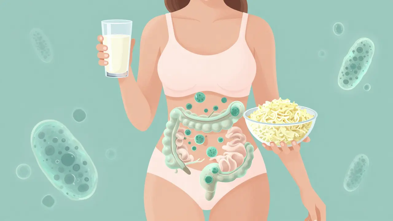 Žena konzumující kefír a kvašené zelí, s probiotiky obklopujícími její tělo jako ochranný štít.