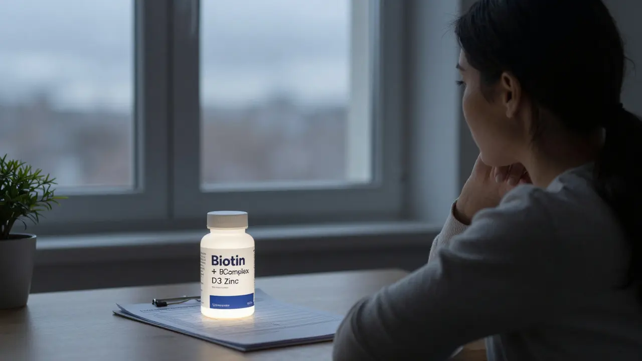 Žena v zimním městě hledí z okna, zatímco na stole leží doplněk a výsledek laboratorního testu s nízkým ferritinem.